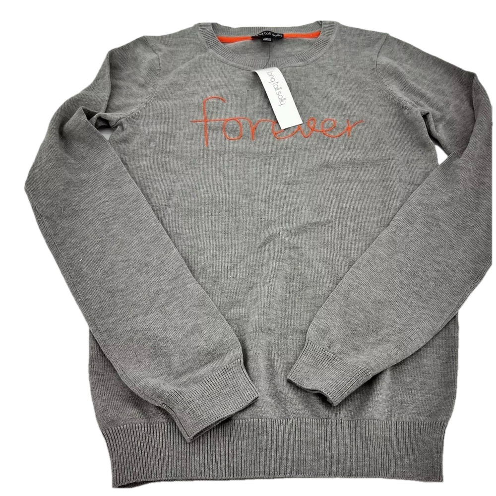 Long Tall Sally 'Forever' Embroidered Scoop Neck Pullover Sweater Gray and Pink